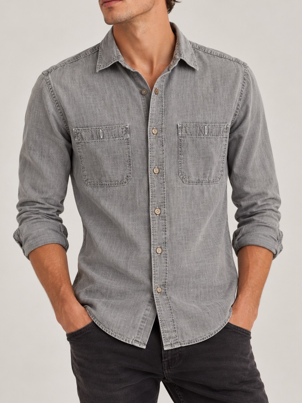 Gap Gray Chambray Utility Button Down Shirt Small